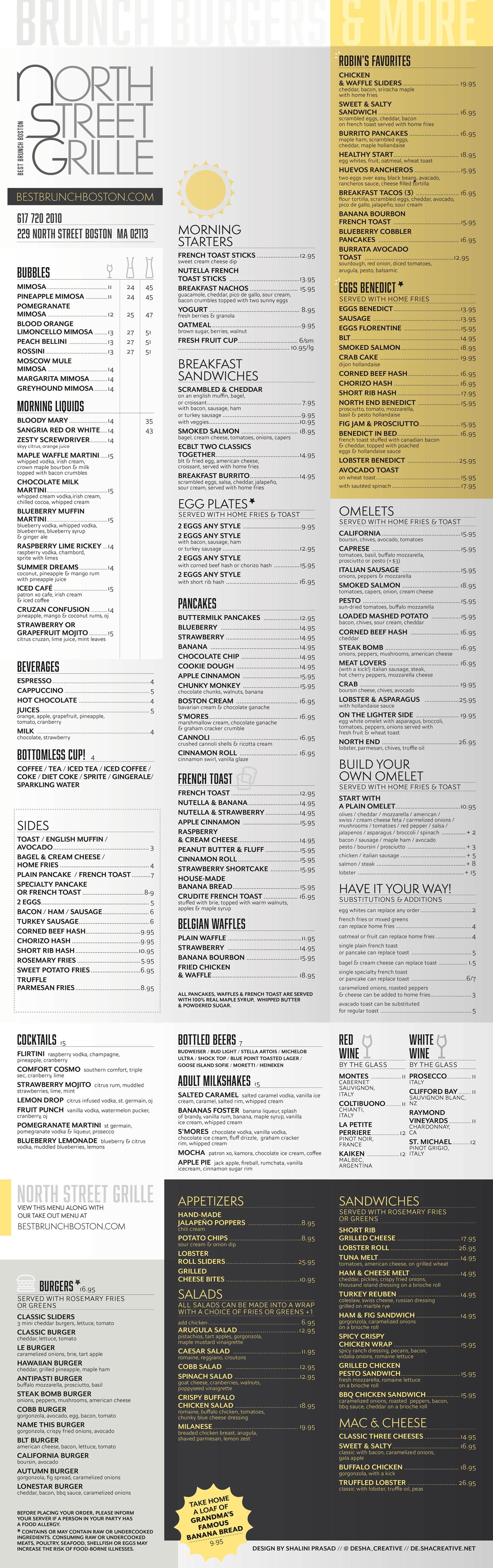 Dine-in Menu - Brunch in Boston - Burgers and More Menu at The North Street Grille in Boston's historic north end. Drinks, Burgers, Pancakes, French Toast 